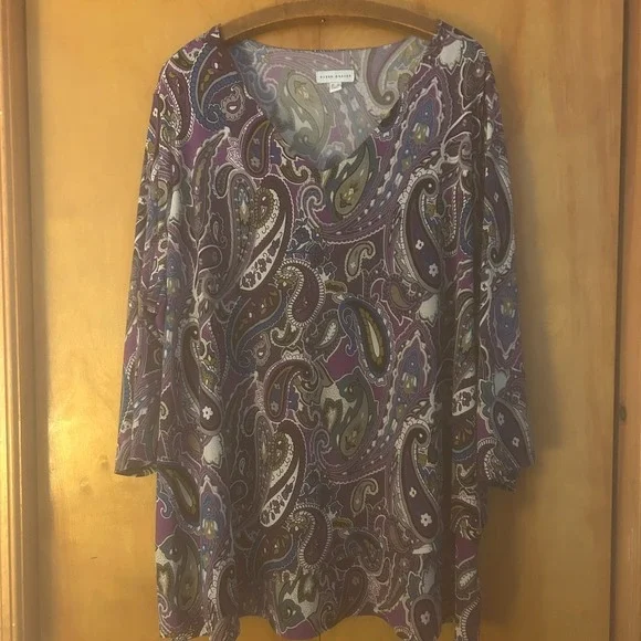 Susan Graver Top Size 3X Purple Paisley Print Tunic Artsy Liquid Knit Office - Picture 2 of 9